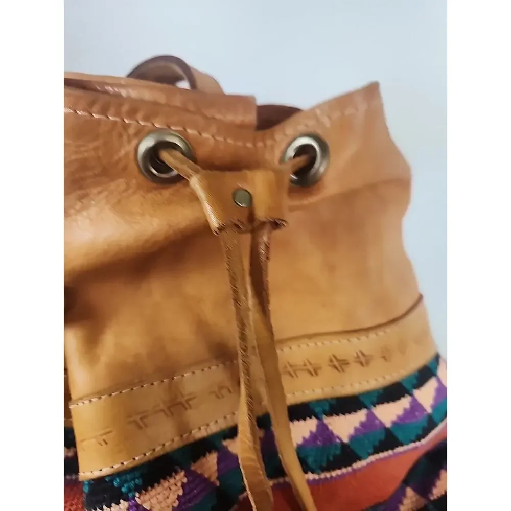LARGE BACKPACK HAND WOVEN WOOL KILIM TOOLED LEATHER VTG SLING PURSE TOTE BAG